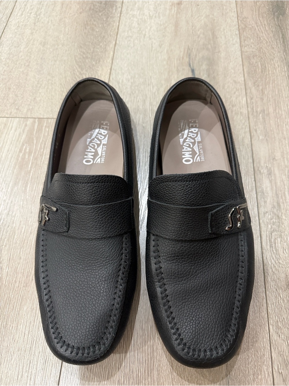 Salvatore Ferragamo Black Pebbled Leather Bit Loafers